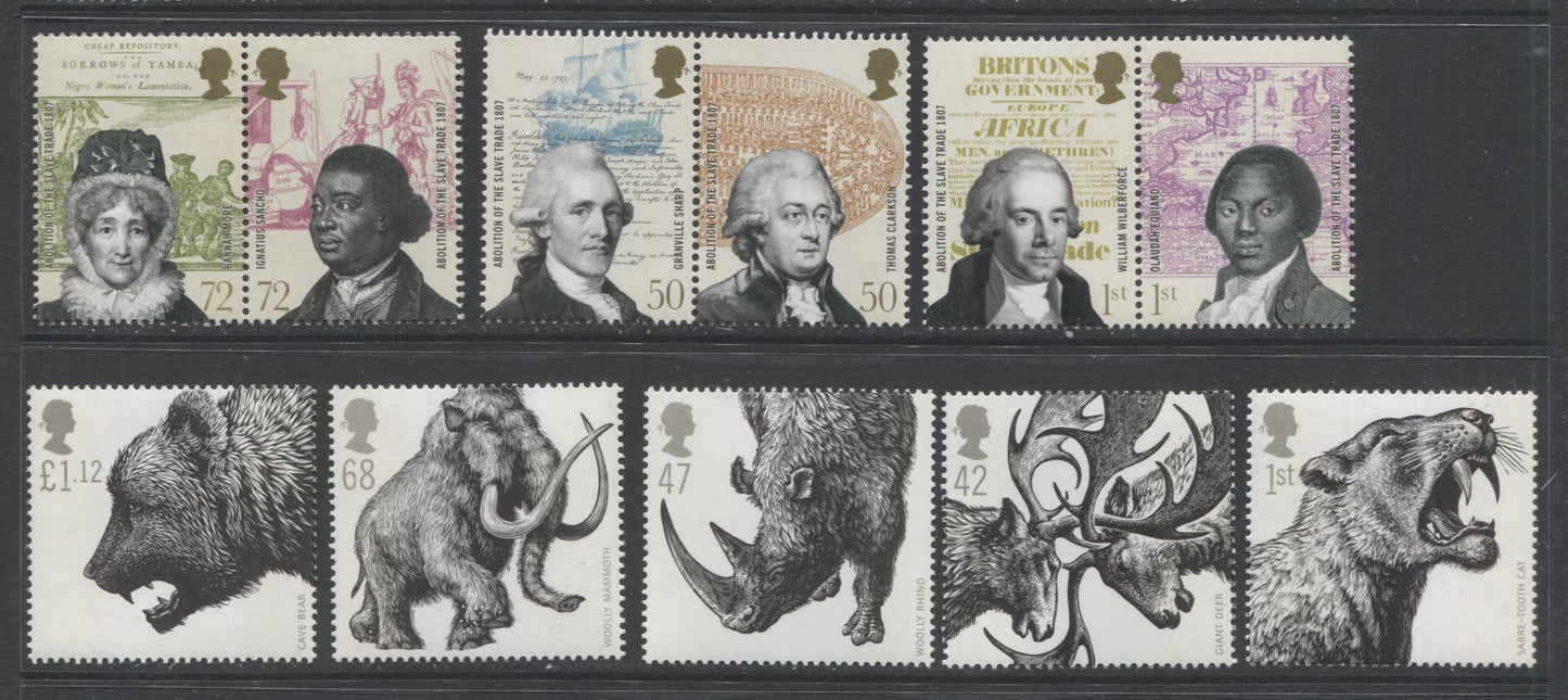Lot 69 Great Britain SC#2359-2363, 2457a-2461a, 2006-2007 Ice Age Animals & Slave Trade Issues, 5 VFNH Singles & 3 Pairs On DF Paper. 2006 Scott Cat $20.30 USD, Click on Listing to See ALL Pictures