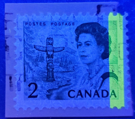 Lot #82 Canada #455pvT1 2c Bright Green Pacific Coast Totem Pole, 1967-1973 Centennial Issue, a VF Used Example on Piece, Showing G2aR Tagging Error, LF-fl Ribbed Paper