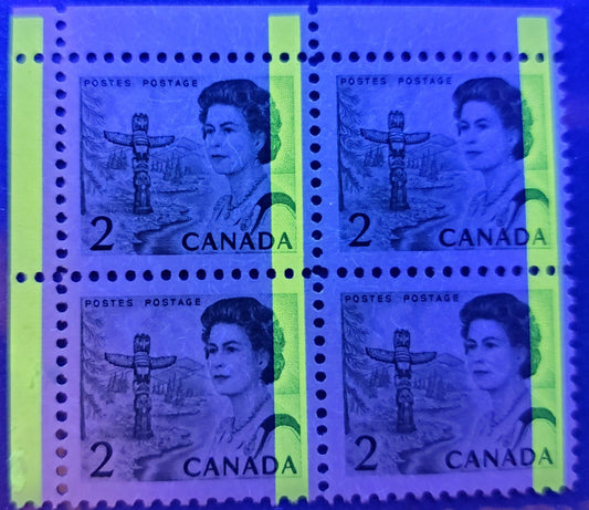 Lot #83 Canada #455pvT3 2c Bright Green Pacific Coast Totem Pole, 1967-1973 Centennial Issue, a VFNH Pupper Left Corner Block, Showing G2aC Tagging Error and Blinky Flaws on Top Stamps, LF-fl Ribbed Paper, Perf. 11.85 x 11.95, Eggshell PVA Gum