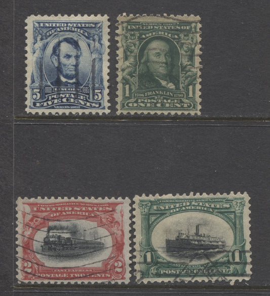 Lot 89 United States SC#294-295, 300, 304, 1901 Pan-American Expo & 1902-1903 Presidental Issues, 4 Very Fine Used Examples, Nicely Centered. Watermarked, Perf 12. 2022 Scott Classic Catalogue $6.25 USD, Click on Listing to See ALL Pictures