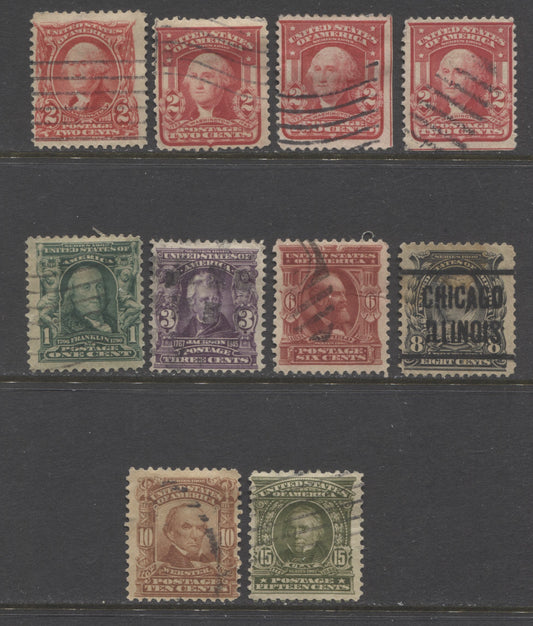 Lot 90 United States SC#300-302, 305-307, 309, 319b,j 1902-1903 Presidental Issue, 10 Fine Used Examples, Watermarked, Perf 12. Est. $15 USD, Click on Listing to See ALL Pictures