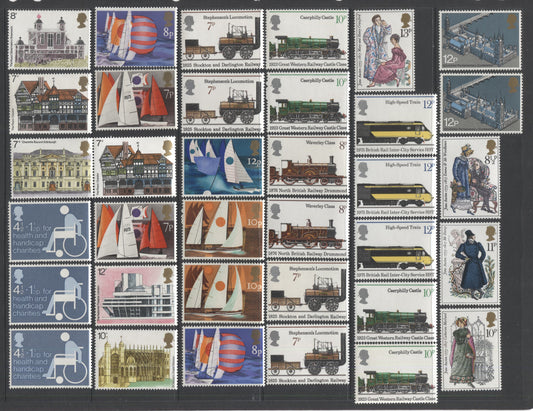 Lot 9 Great Britain SC#736-761, 1975 Commemorative Issues, A Specialized Lot Of 44 VFNH Stamps With Different Paper Varieties. 2006 Scott Cat $16 USD, Click on Listing to See ALL Pictures