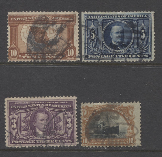 Lot 92 United States SC#299, 325-327 1901 Pan-American Expo & 1904 Louisiana Purchase Expo Issues, 4 Very Good Used Examples, Watermarked, Perf 12. Est. $20 USD, Click on Listing to See ALL Pictures