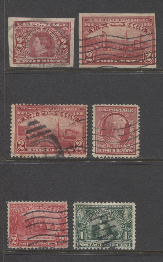 Lot 93 United States SC#328-329, 367, 370-373 1907 Jamestown Expo & 1909 Commemorative Issues, 6 Fine/Very Fine Used Examples, Watermarked, Perf 12 & Imperf. Est. $40 USD, Click on Listing to See ALL Pictures