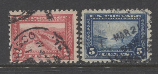 Lot 95 United States SC#402-403 1914-1915 Panama Pacific Expo Issue, 2 Fine Used Examples Of The 2c Carmine & 5c Blue, Watermarked, Perf 10. Est. $10 USD, Click on Listing to See ALL Pictures