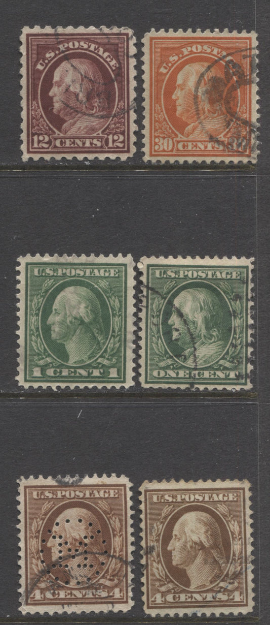Lot 98 United States SC#334, 338, 405, 377, 420, 435, 1908-1910 Washington-Franklin Issue, 6 Very Fine Used Examples, Watermarked. 2022 Scott Classic Catalogue $26.10 USD, Click on Listing to See ALL Pictures