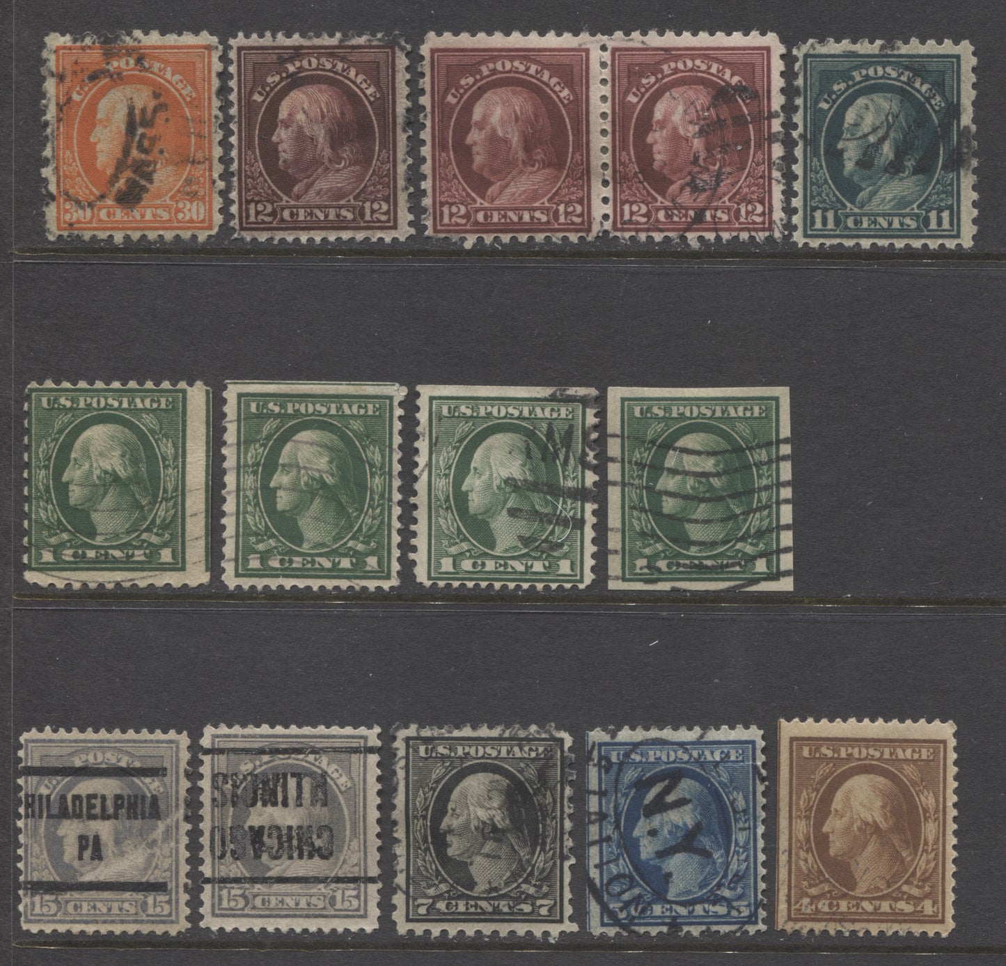 Lot 99 United States SC#377-378, 405, 408, 418, 424, 430, 434-435, 439, 1910-1915 Washington-Franklin Issue, 14 Fine Used Examples, Watermarked, Multiple Perfs. 2022 Scott Classic Catalogue $60.25 USD, Click on Listing to See ALL Pictures