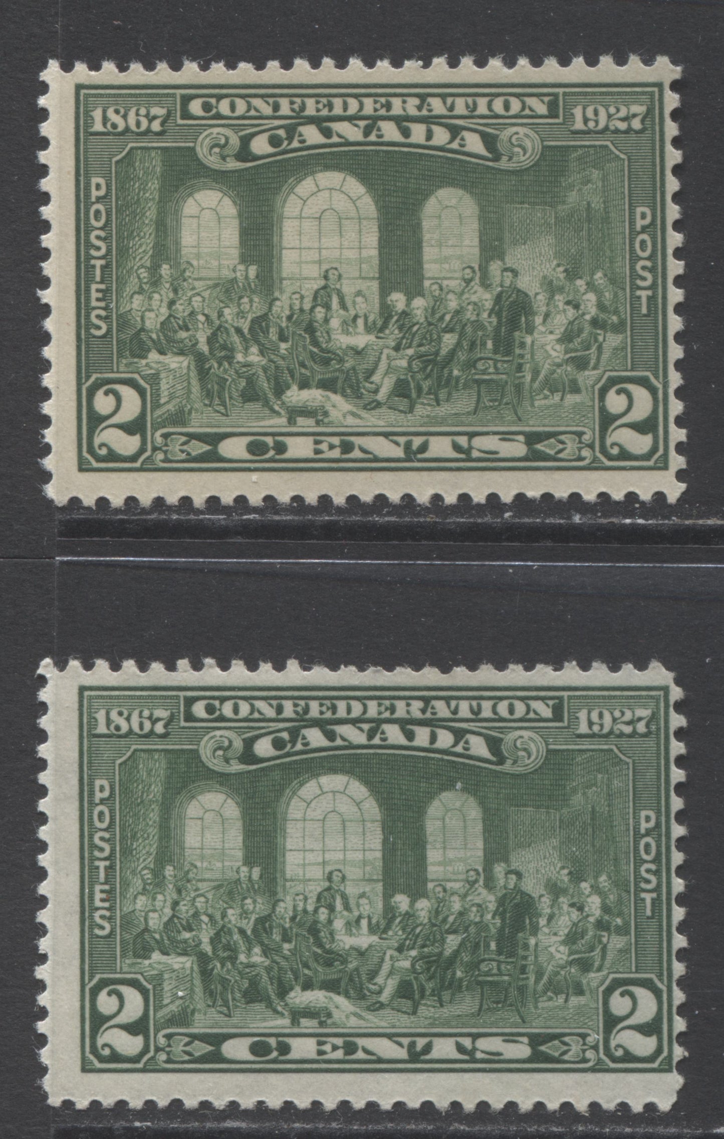 Lot 100 Canada #142 2c Green Fathers Of Confederation, 1927 60th Anniversary Of Confederation Issue, 2 FLH Singles On Unlisted Thin Paper With Regular For Comparison