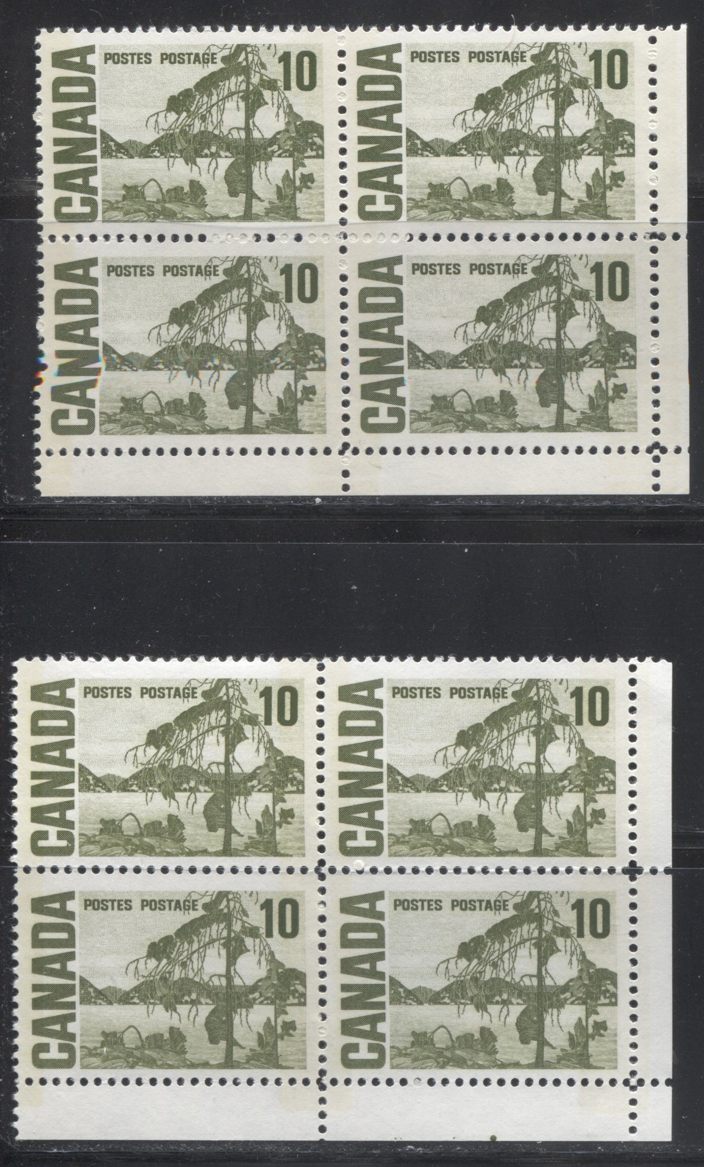 Lot 100 Canada #462pi 10c Olive Green Jack Pine, 1967-1973 Centennial Definitive Issue, Two VFNH LR Tagged Field Stock Blocks Of 4 On HB10 & 11 Papers, With Spotty White Gum, Light Tagging, And A Plate Position at LR