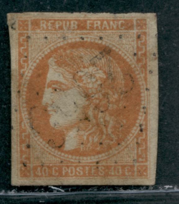 Lot 10 France SC#47a 40c Yellow Orange on Yellowish 1870-1871 Imperforate Bordeaux Issue, A Fine Used Example, Net Estimated Value $110, Click on Listing to See ALL Pictures