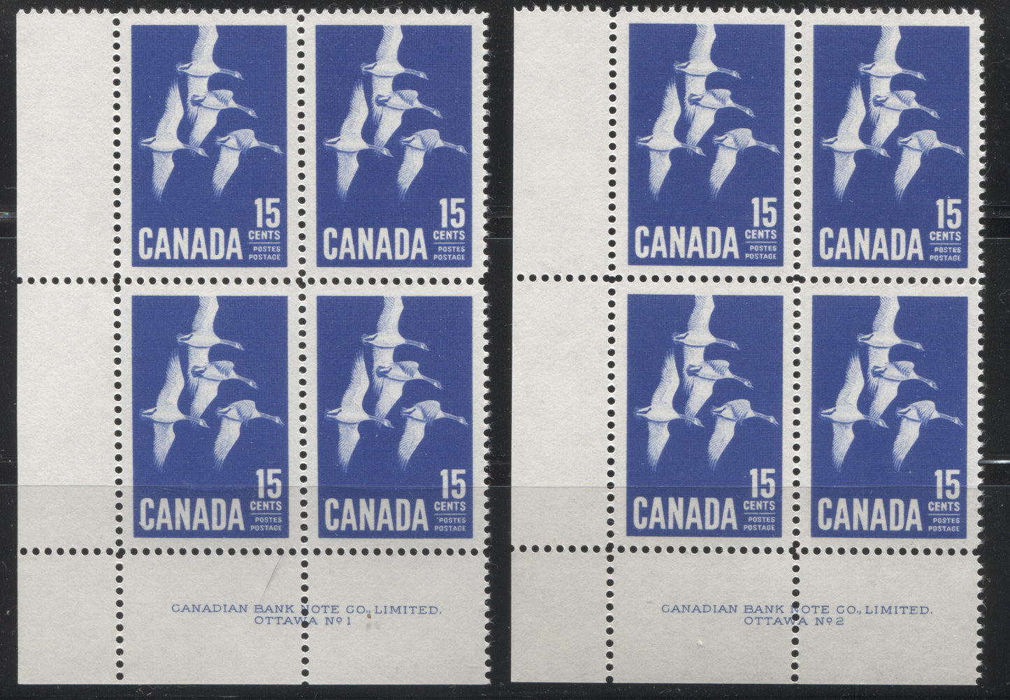 Lot 10 Canada #415 15c Ultramarine Canada Goose, 1963-1967 Cameo Issue, 2 VFNH LL Plates 1-2 Blocks Of 4