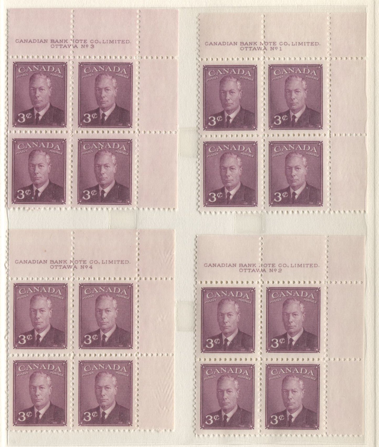 Lot 10 Canada #286 3c Rose Violet King George VI, 1949 Postes-Postage Issue, 8 Fine and VFNH UR Plates 1-8 Blocks Of 4