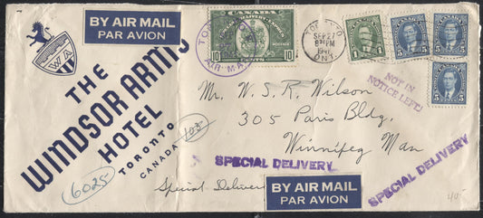 Lot 1 Canada #231, 235, E7 1937-1942 Mufti Issue Combination Usage on 1941 26c Special Delivery Airmail Cover From Windsor Hotel