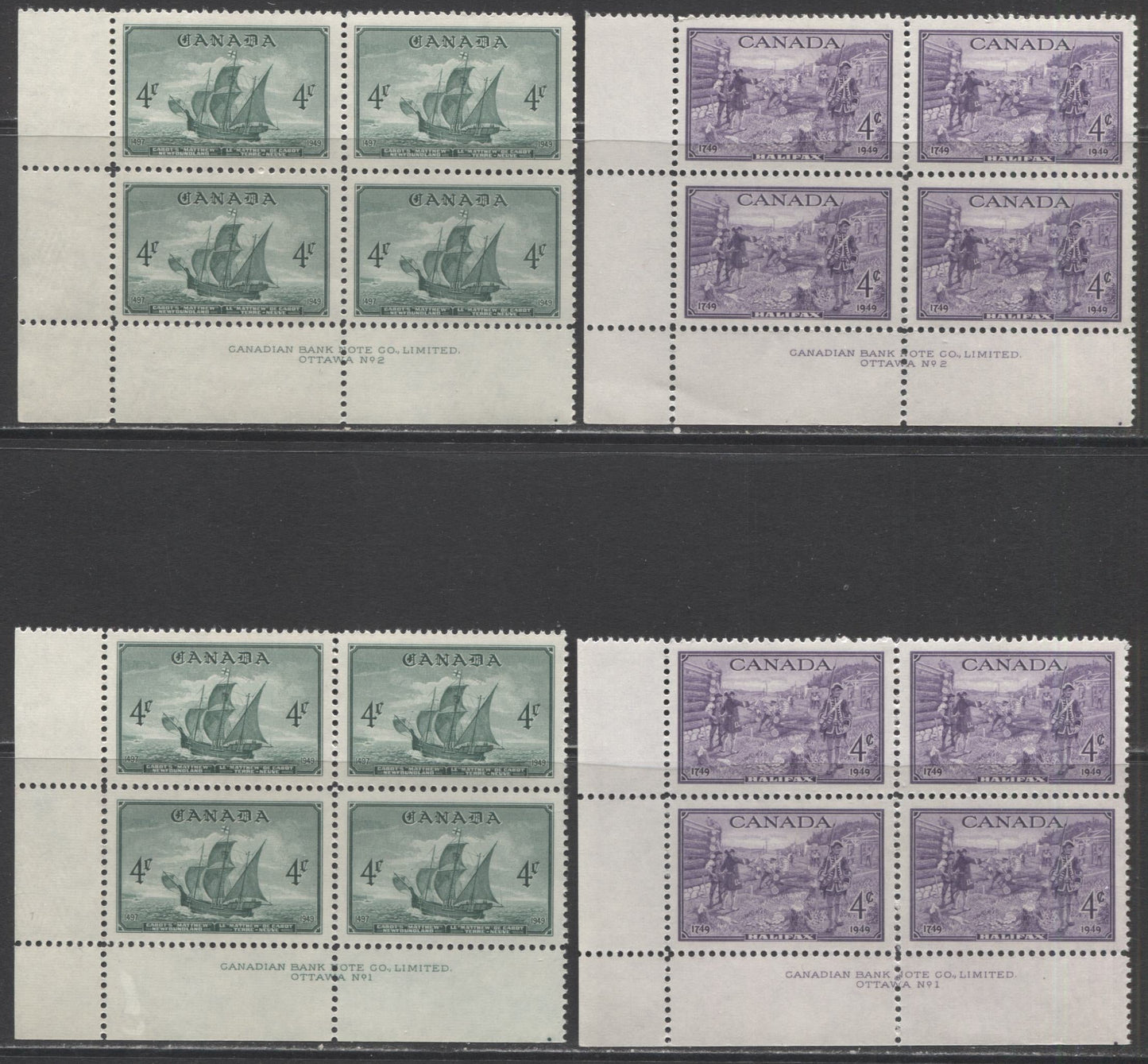 Lot 1 Canada #274-277, 282-283 4c Deep Blue - Purple Alexander Graham Bell - Founding Of Halifax, 1947-1949 Commemorative Issues, 12 VFNH LL Plates 1-2 Blocks Of 4
