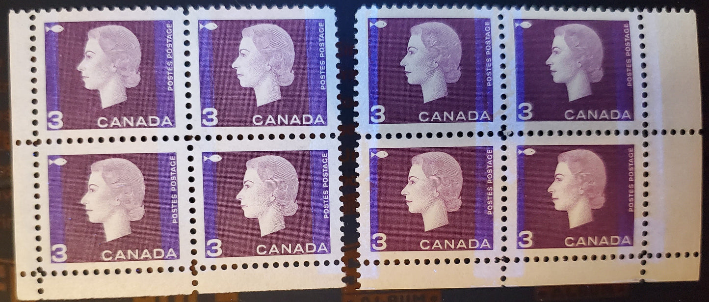 Lot 100 Canada #403vii 3c Dark Purple Fishing Industry, 1962-1963 Cameo Issue, 2 VFNH LL & LR Winnipeg Tagged Field Stock Blocks Of 4 With Wide & Narrow Tag Bars & Smooth Dex With Purple For Comparison
