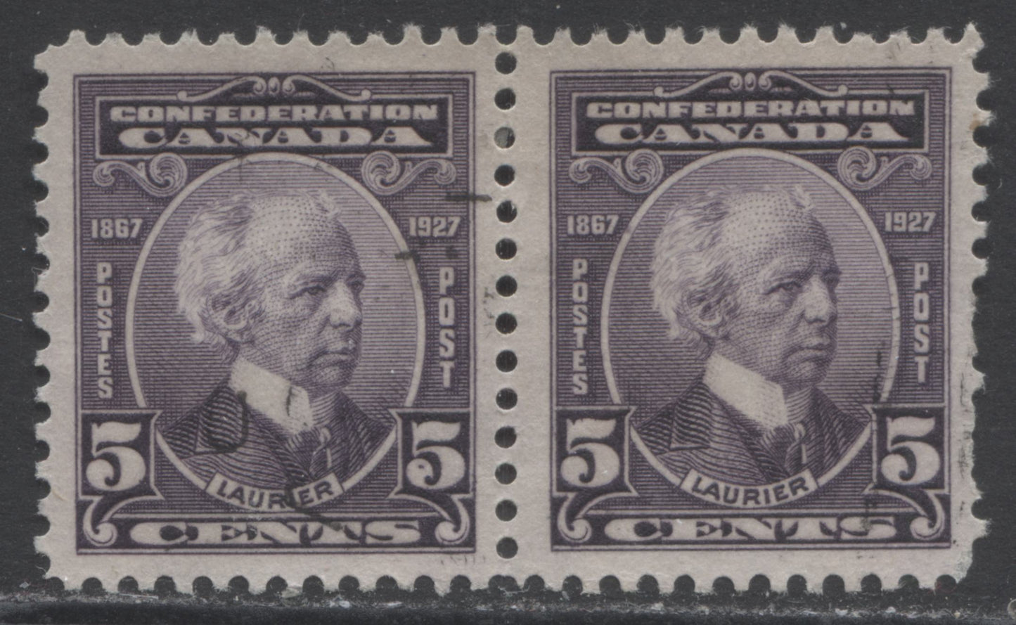 Lot 102 Canada #144var 5c Violet Sir Wilfrid Laurier, 1927 60th Anniversary Of Confederation Issue, A Very Fine Used Single in Horizontal Pair With Dot In Right 5, Plate 2, UL Pos. 67
