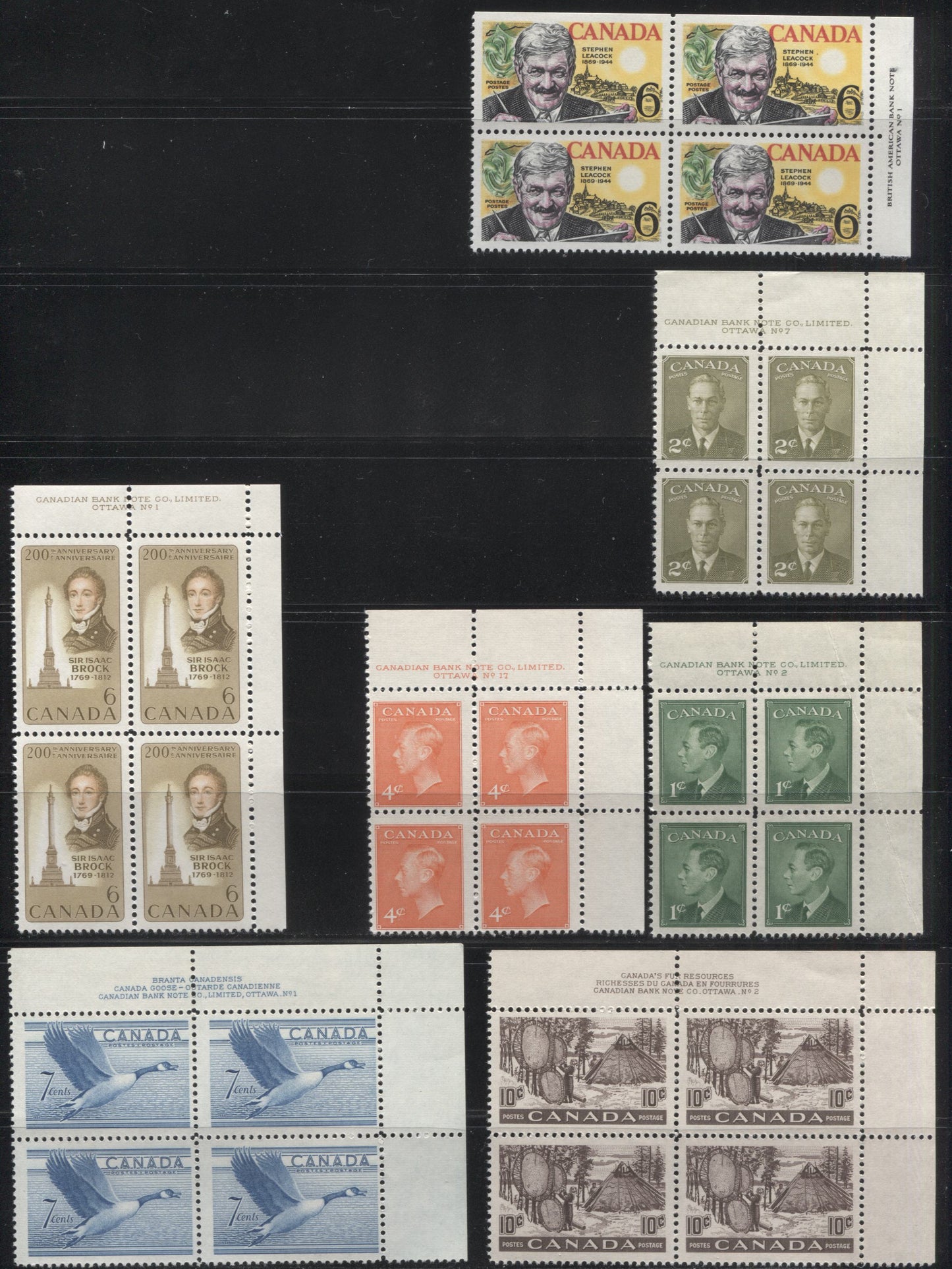 Lot 102 Canada #284, 301, 305-306, 320, 501, 504 1c - 10c Green - Multicolored King George VI - Leacock & Mariposa, 1949-1969 Postes-Postage & Commemoratives, 7 F/VFNH UR Plate 1, 2, 7 & 17 Blocks Of 4
