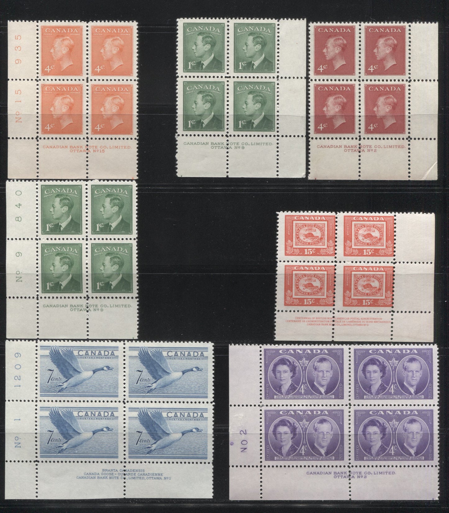 Lot 103 Canada #284, 287, 306, 314-315, 320 1c - 15c Green - Bright Red King George VI - Canada Goose, 1949-1952 Postes-Postage & Commemoratives, 7 Fine NH and VFNH LL & LR Plate 1,2, 9 & 17 Blocks Of 4