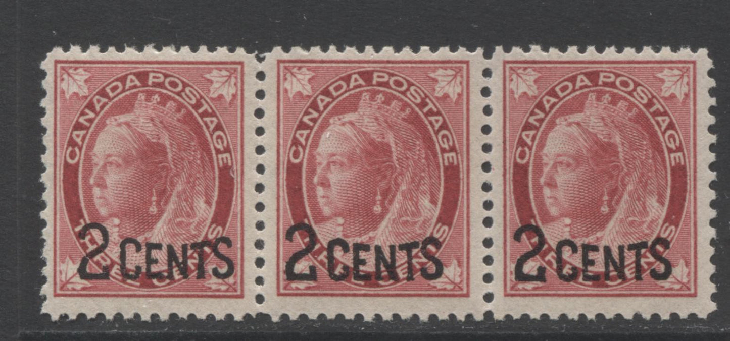 Lot 103 Canada #87i 2c On 3c Carmine Queen Victoria, 1989 Provisional Issue, A VFNH Strip Of 3 With Narrow Spacing of The Overprint Between Stamps 1 & 2