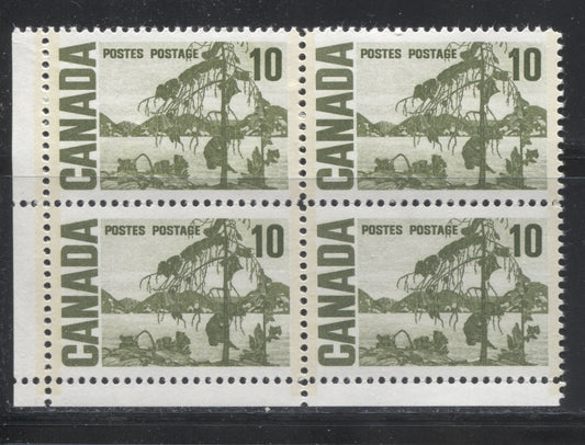 Lot 104 Canada #462pii 10c Olive Green Jack Pine, 1967-1973 Centennial Definitive Issue, A VFNH LL GT2 Tagged Field Stock Block Of 4 On HB12 Vertical Ribbed Paper, Black Ink Under UV With Spotty White Gum