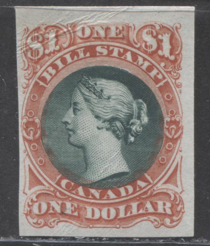 Lot 104 Canada #FB34P 1 Scarlet and Bottle Green Queen Victoria, 1865-1868 Second Bill Issue, A VG Plate Proof on India Paper Showing a Minor Re-Entry