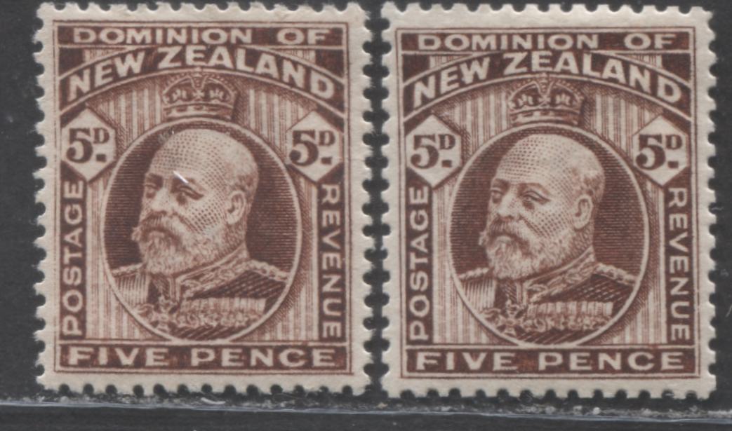 Lot 104 New Zealand SC#136 5d Brown, Perf 14 x 14.5 1909-1916 King Edward VII Definitive Issue, 2 VFOG Examples, 2022 Scott Classic Cat. $44 USD, Click on Listing to See ALL Pictures