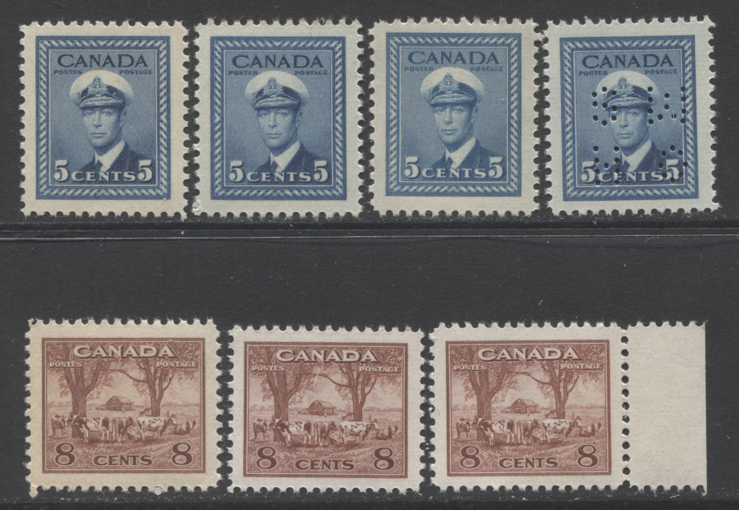Lot 104 Canada #255-256, O255 5c & 8c Deep Blue & Red Brown King George VI & Farm Scene, 1942-1943 War Issue, 7 VFNH Singles With Different Shades, Papers & Gums