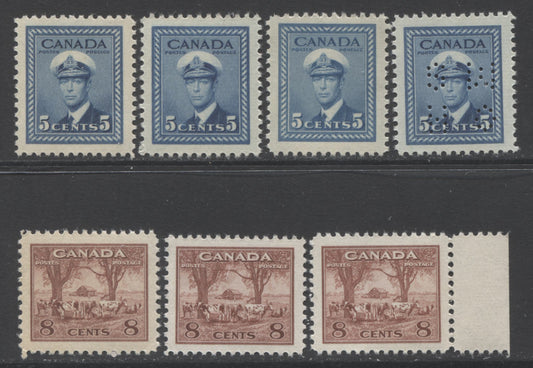 Lot 104 Canada #255-256, O255 5c & 8c Deep Blue & Red Brown King George VI & Farm Scene, 1942-1943 War Issue, 7 VFNH Singles With Different Shades, Papers & Gums