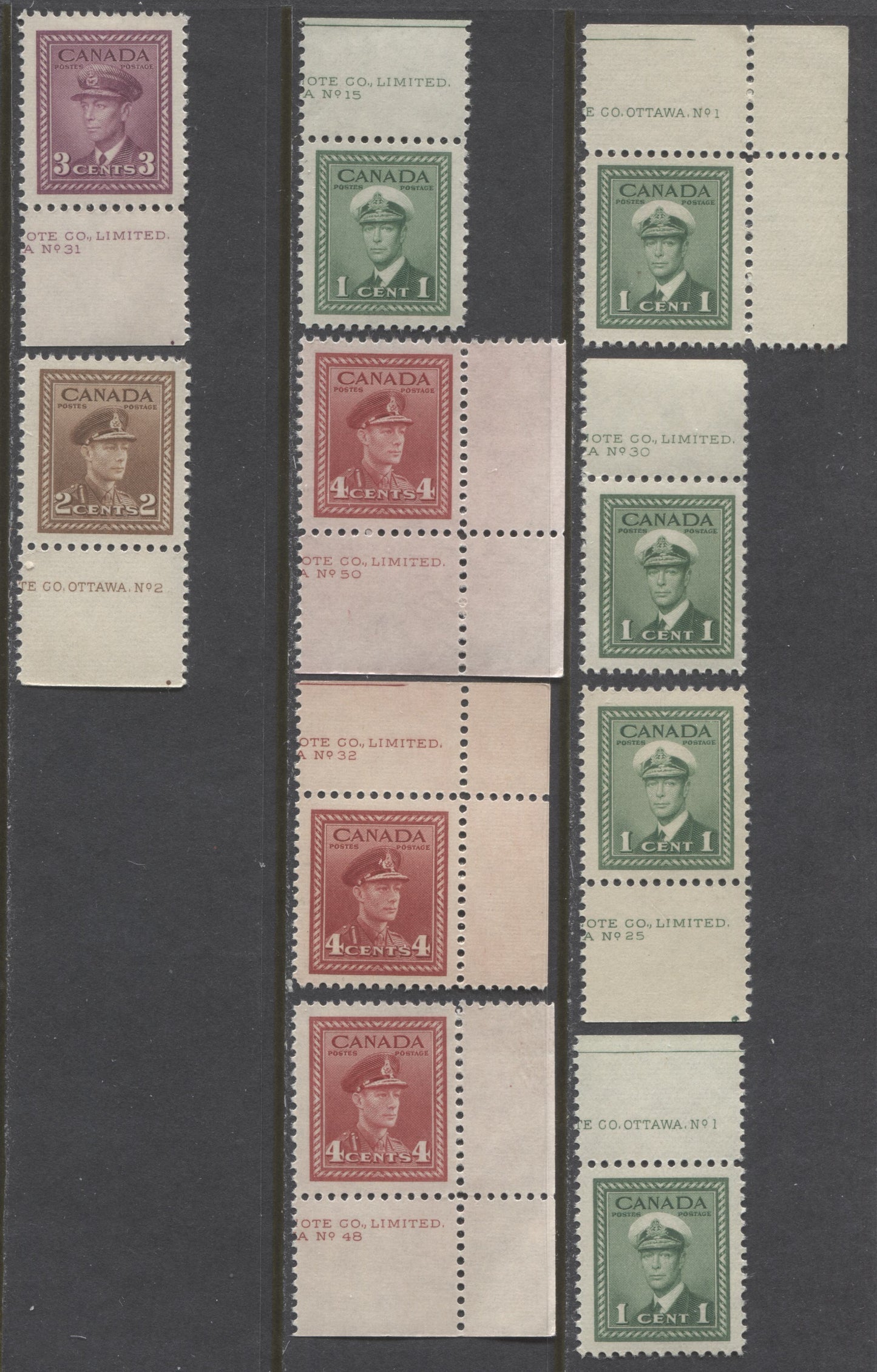 Lot 105 Canada #249/254 1c - 4c Green - Dark Carmine, King George VI 1942-1943 War Issue, 10 VFNH Plate Singles