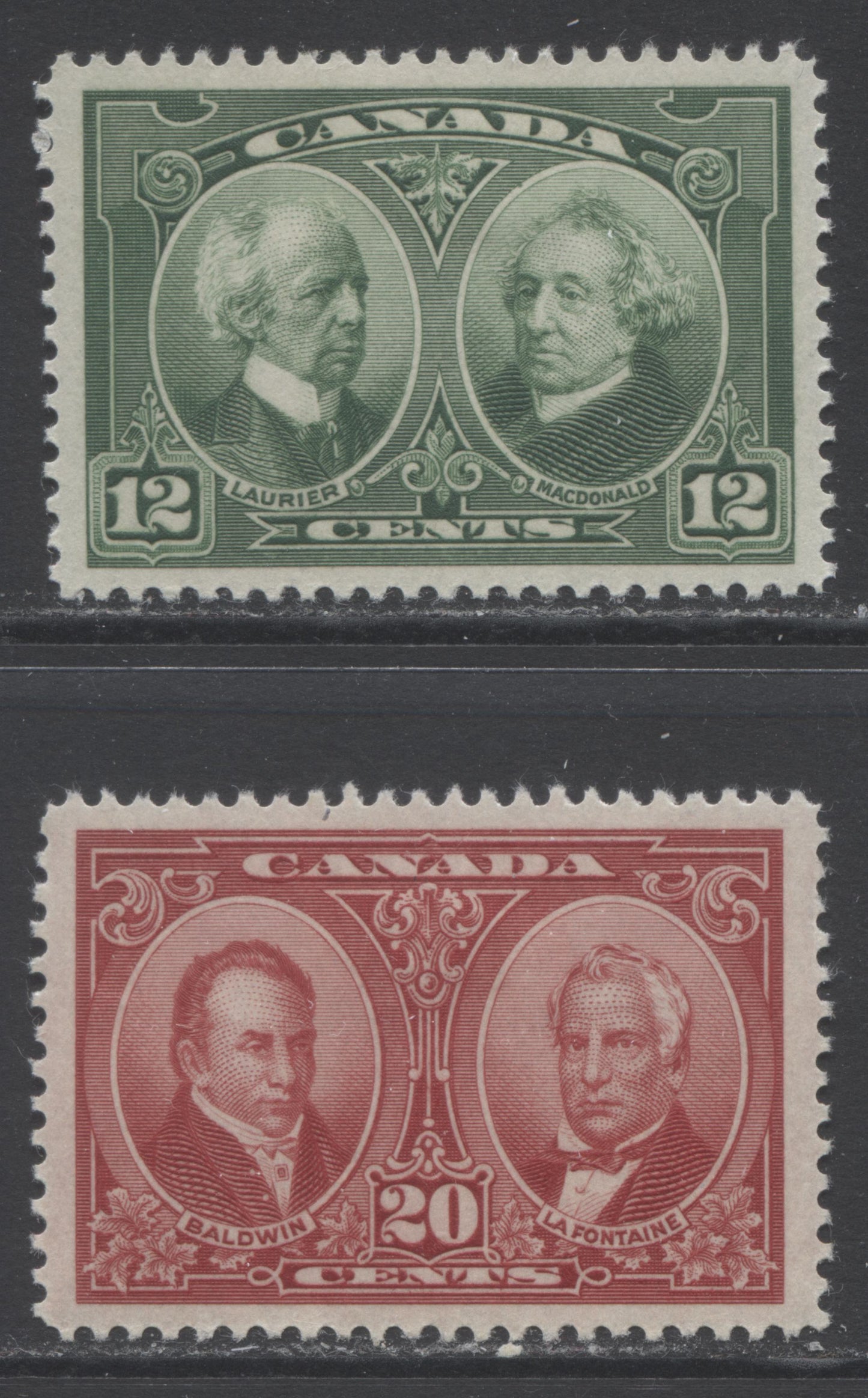 Lot 105 Canada #147-148 12c & 20c Green & Brown Carmine Laurier & Macdonald And Baldwin & Lafontaine, 1927 Historical Issue, 2 VFOG Singles