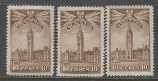 Lot 106 Canada #257 10c Brown Parliament Buildings, 1942-1943 War Issue, 3 VFOG Singles From 3 Different Printings Showing Different Shades, Papers & Gums