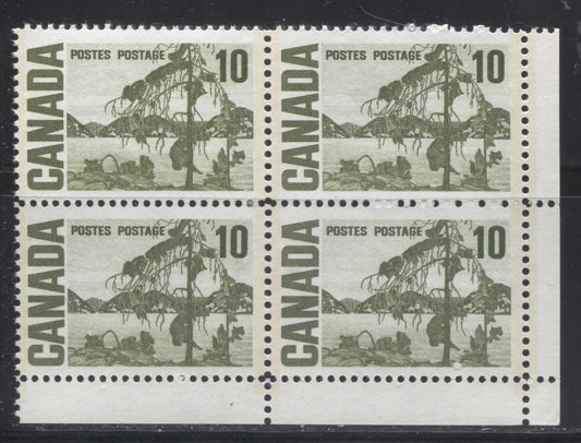 Lot 106 Canada #462pii 10c Olive Green Jack Pine, 1967-1973 Centennial Definitive Issue, A VFNH LR GT2 Tagged Field Stock Block Of 4 On HB11 Vertical Wove, Vertical Ribbed Paper, Black Ink Under UV With Spotty White Gum, Light Tagging