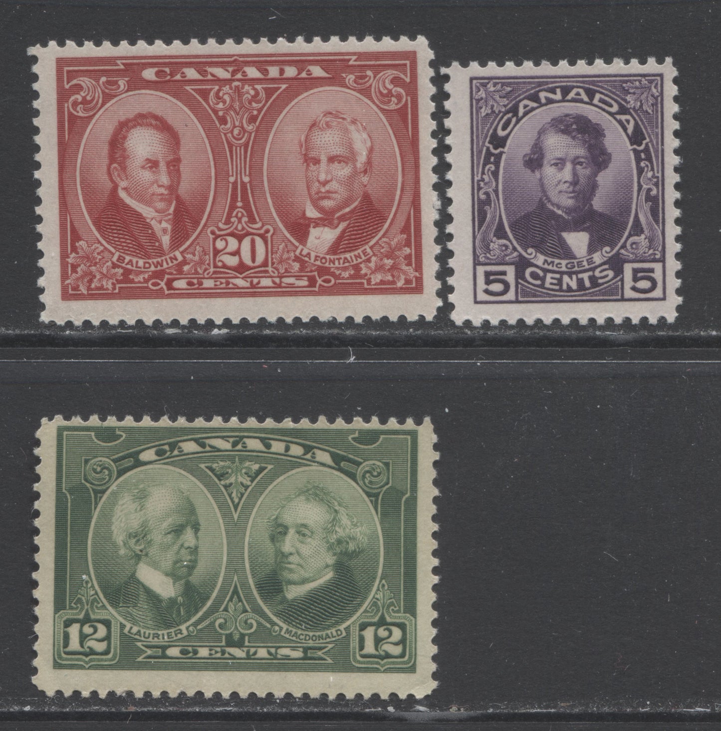 Lot 106 Canada #146-148 5c - 20c Violet - Brown Carmine Thomas D'Arcy McGee - Baldwin & Lafontaine, 1927 Historical Issue, 3 FNH Singles