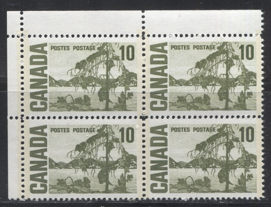Lot 107 Canada #462pii 10c Olive Green Jack Pine, 1967-1973 Centennial Definitive Issue, A VFNH UL GT2 Tagged Field Stock Block Of 4 On HB11 Vertical Wove, Vertical Ribbed Paper, Black Ink Under UV With Spotty White Gum, Light Tagging