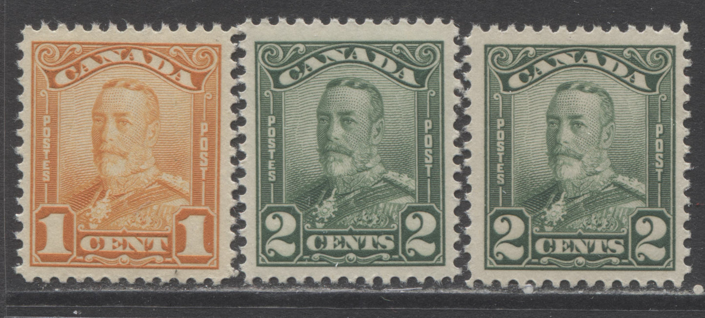 Lot 107 Canada #149-150 1c & 2c Orange & Green King George V, 1928-1929 Scroll Issue, 3 VFNH Singles Showing Extra Shade Of The 2c