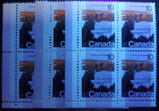 Canada #594iii&Var 10c Multicolored Forest, 1972 Landscape Definitives, 3 VFNH LL Field Stock Blocks Of 4 W2B Tagged, Vertical Ribbed DF/NF & LF/NF Papers, Nearly Solid Backgrounds, Grayish & Gray Blue Under UV