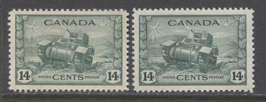 Lot 109 Canada #259 14c Dull Green, Ram Tank 1942-1943 War Issue, 2 VFNH Singles With Cream & White Gums, 2 Different Shades
