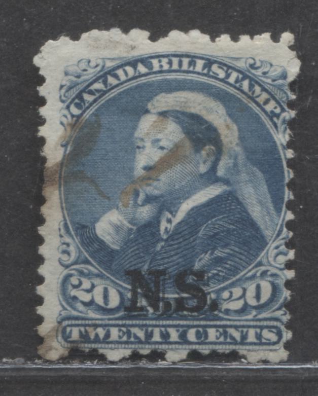 Lot 108 Nova Scotia #NSB12 20c  Light Blue Queen Victoria, 1868 Overprinted Third Bill Issue, A VG Used Example Perf. 12 on Thin Paper