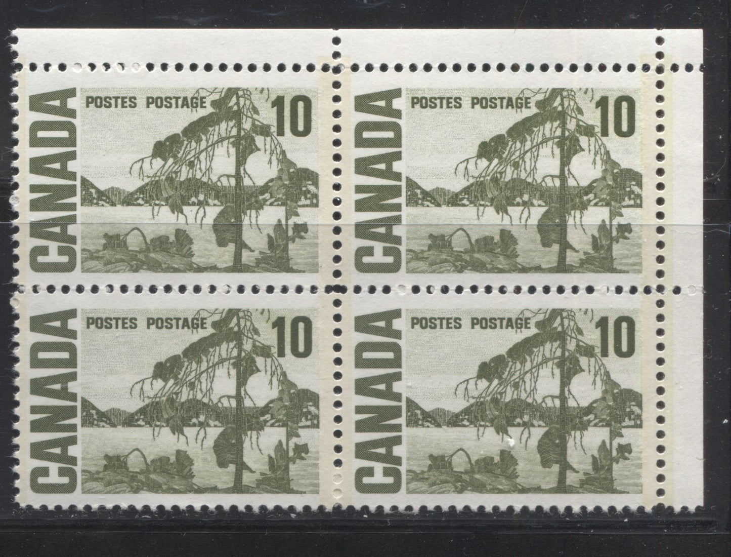 Lot 108 Canada #462pii 10c Olive Green Jack Pine, 1967-1973 Centennial Definitive Issue, A VFNH UR GT2 Tagged Field Stock Block Of 4 On HB10 Vertical Wove, Vertical Ribbed Paper, Black Ink Under UV With Spotty White Gum