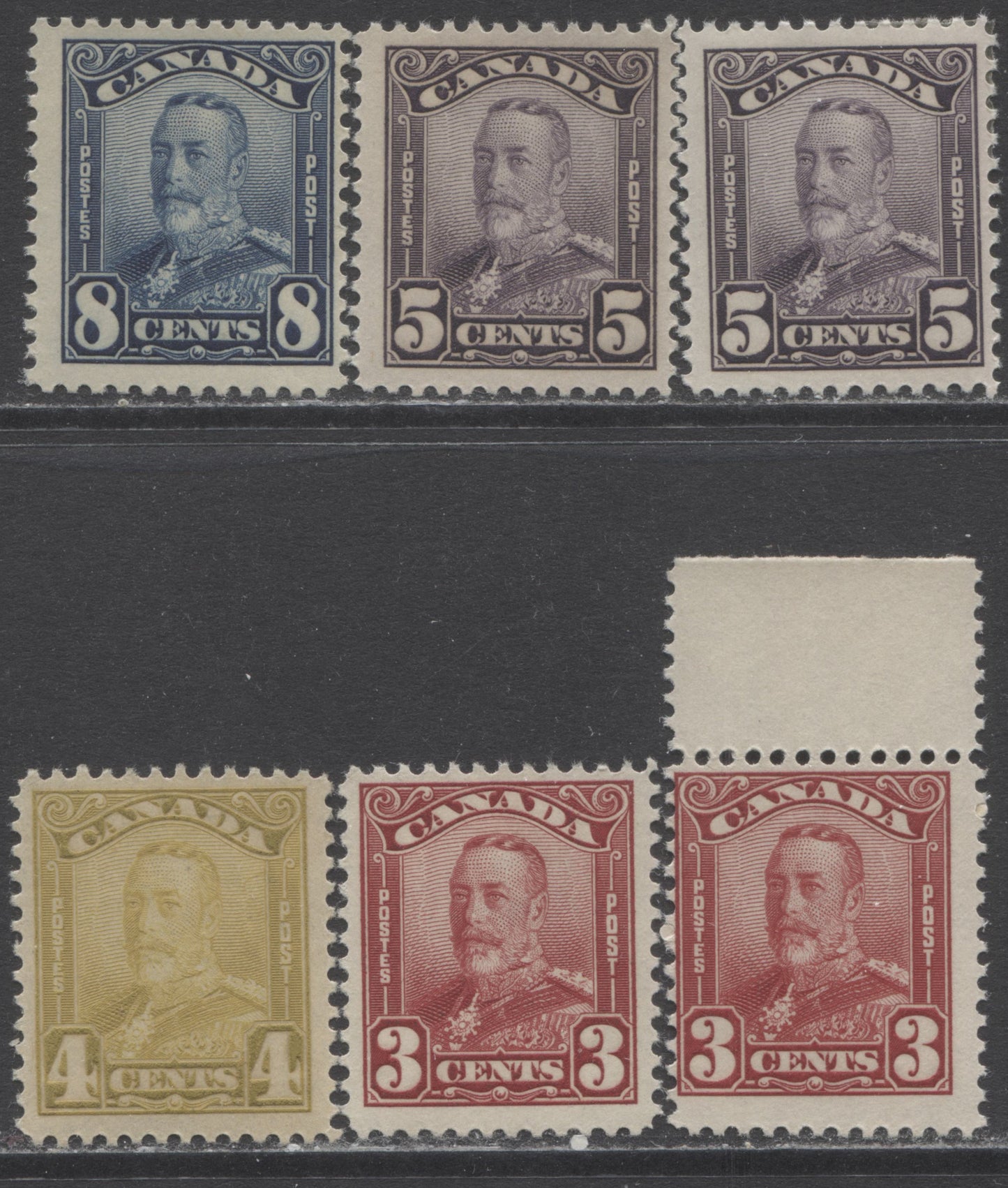 Lot 108 Canada #149-154 1c - 8c Orange - Blue King George V, 1928-1929 Scroll Issue, 10 FNH & OG Singles With Extra Shades