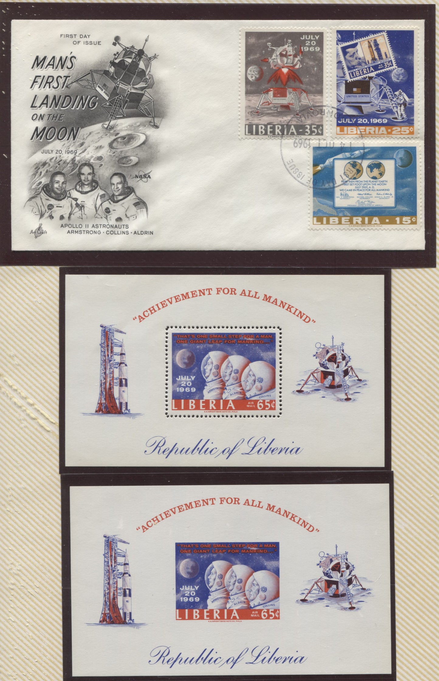 Lot 109 Liberia SC#499/C184 1969 Apollo 11 Moon Landing, A VFNH Range Of Perf & Imperf Souvenir Sheets + FDC, 2017 Scott Cat. $24.6 USD, Click on Listing to See ALL Pictures