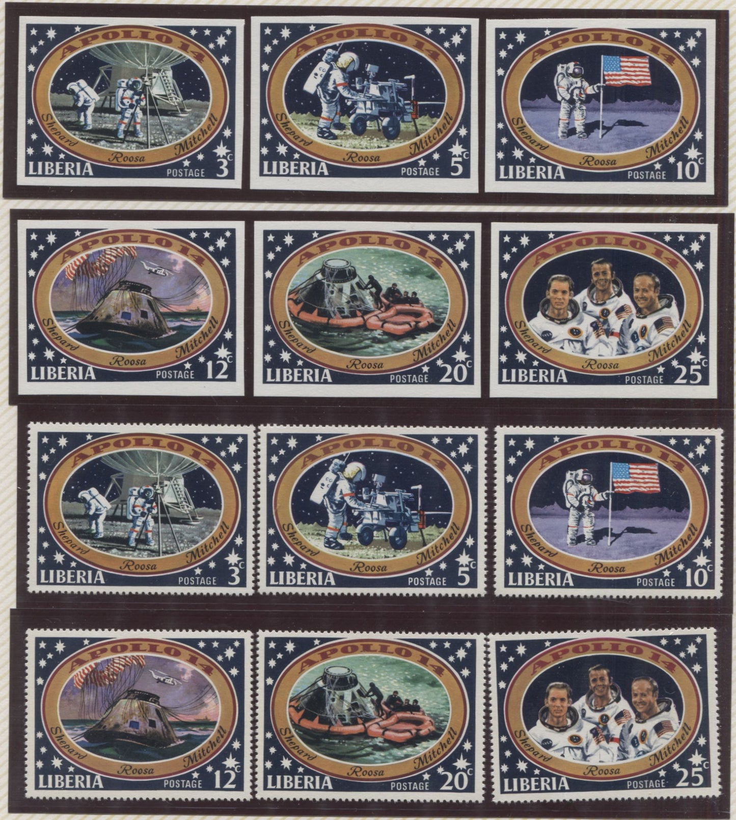 Lot 110 Liberia SC#549-554 1971 Apollo XIV Moon Landing Issue, A VFNH Range Of Perf & Imperf Set Plus Unlisted Imperf Souvenir Sheets, 2017 Scott Cat. $23 USD, Click on Listing to See ALL Pictures