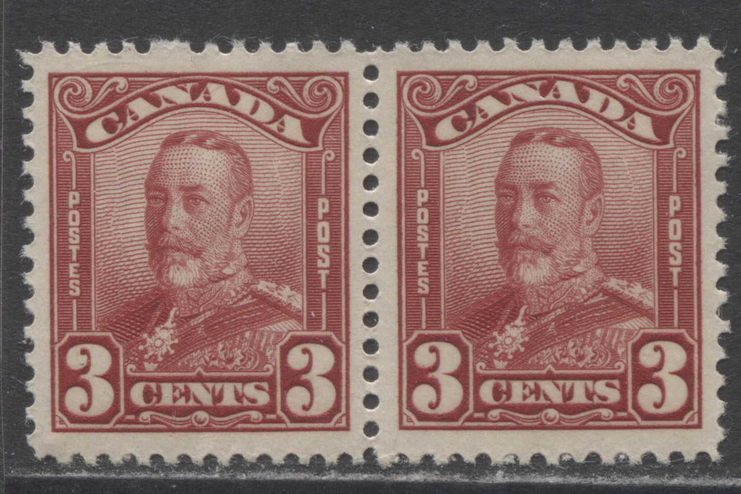 Lot 110 Canada #151var 3c Dark Carmine King George V, 1928-1929 Scroll Issue, A VFLH Pair With Hairline In A Of Canada & Dot In Left Stamp, PL 1 UL Pos 77