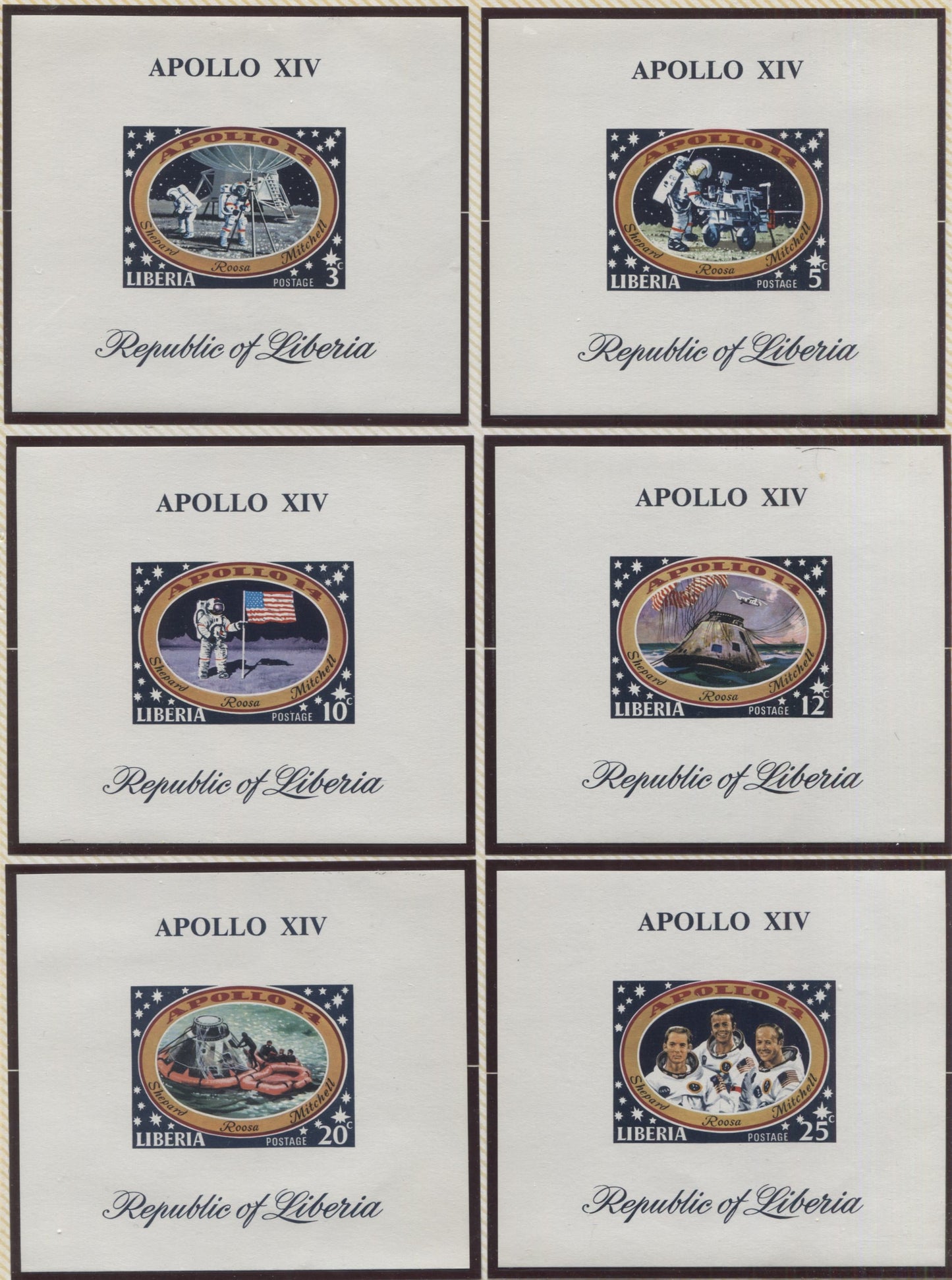 Lot 110 Liberia SC#549-554 1971 Apollo XIV Moon Landing Issue, A VFNH Range Of Perf & Imperf Set Plus Unlisted Imperf Souvenir Sheets, 2017 Scott Cat. $23 USD, Click on Listing to See ALL Pictures