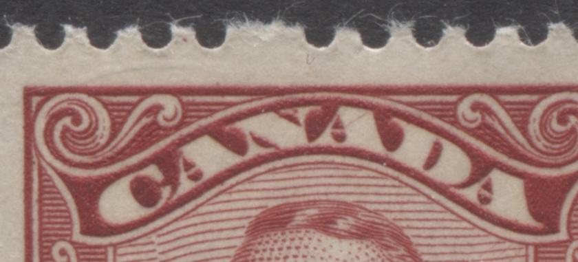 Lot 110 Canada #151var 3c Dark Carmine King George V, 1928-1929 Scroll Issue, A VFLH Pair With Hairline In A Of Canada & Dot In Left Stamp, PL 1 UL Pos 77