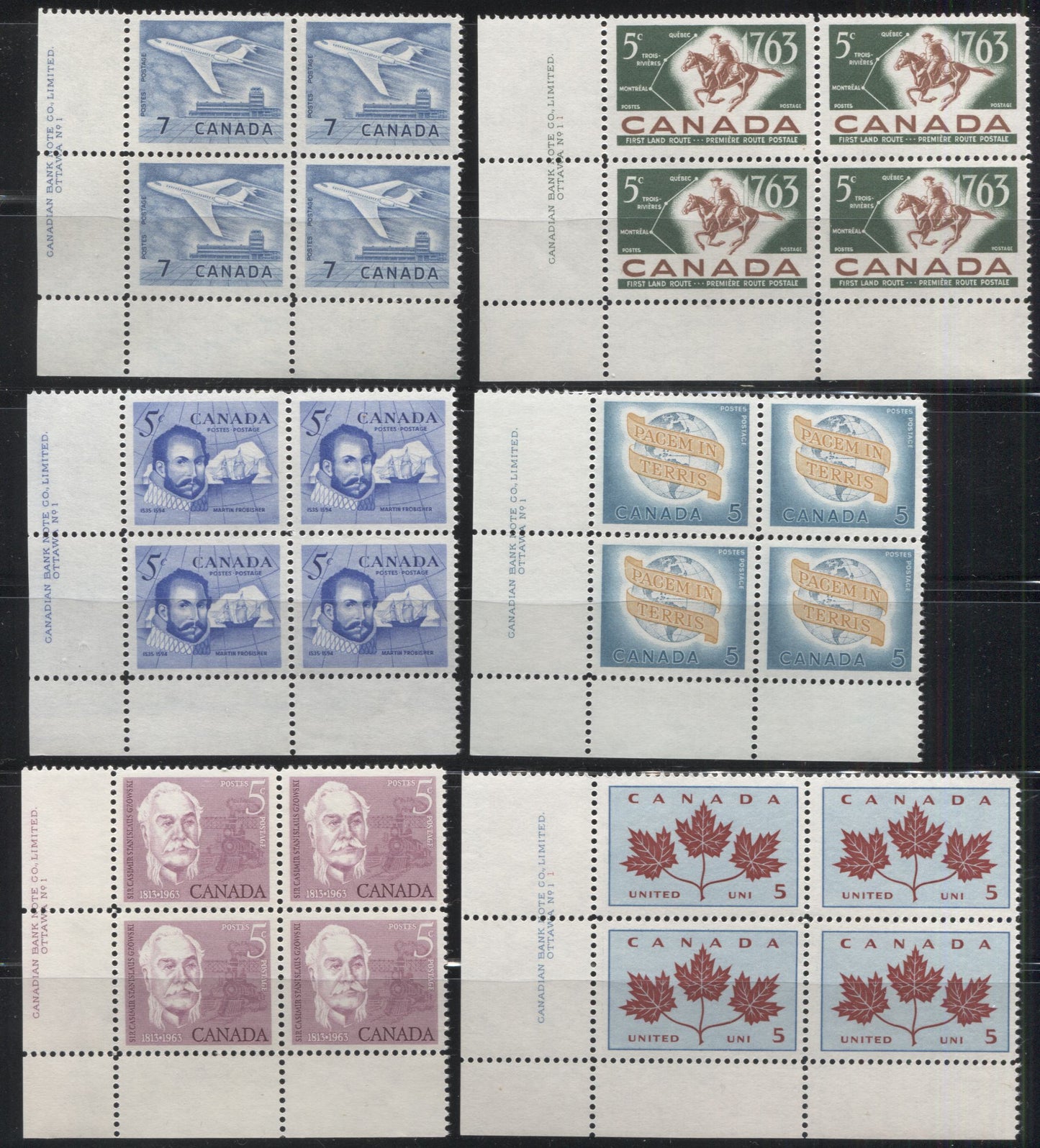 Lot 11 Canada #410, 412-414, 416-417i 5c & 7c Rose Lilac - Blue Sir Casimir Gzowski - Jet Plane, 1963-1966 Commemoratives & Definitives, 6 VFNH LL Plate 1 Blocks Of 4, 417i Is Fluorescent