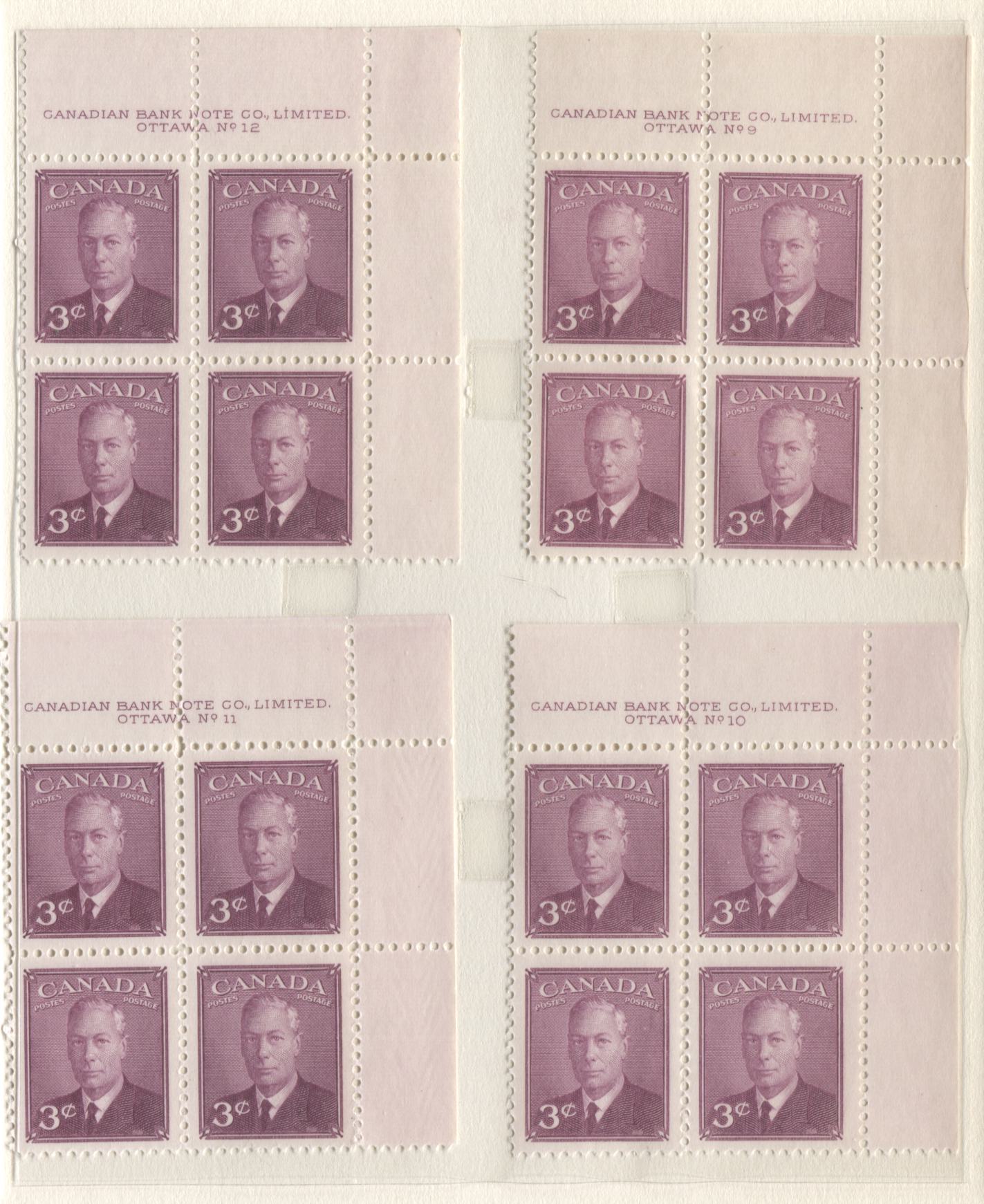 Lot 11 Canada #286 3c Rose Violet King George VI, 1949 Postes-Postage Issue, 6 VFNH UR Plates 9-14 Blocks Of 4