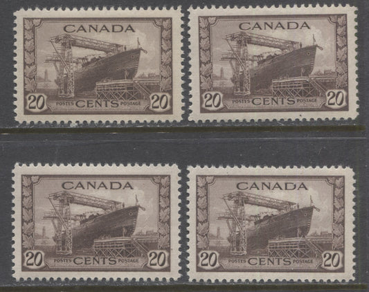 Lot 111 Canada #260 20c Chocolate, Corvette 1942-1943 War Issue, 4 VFOG Singles, 4 Different Printings With Different Gums, Papers & Shades