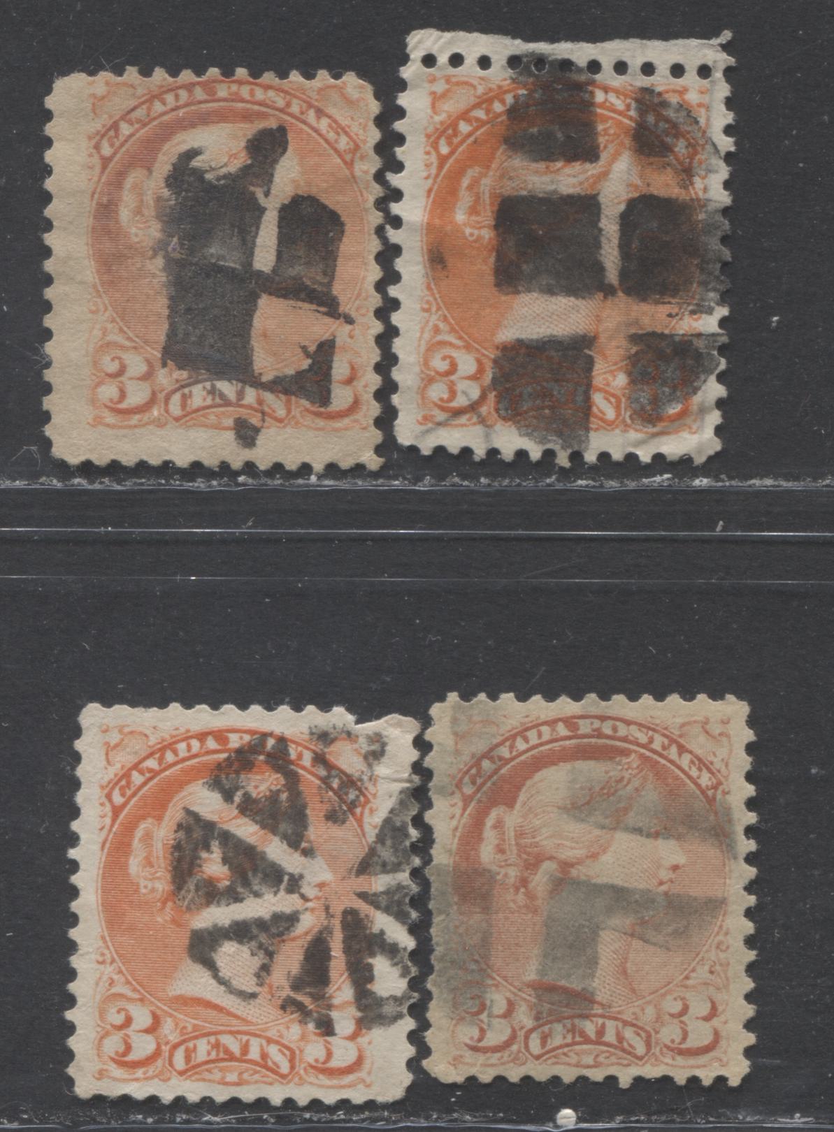 Lot 111 Canada #37, 41 3c Orange Red and Orange Vermillion Queen Victoria, 1870-1897 Small Queen Issue, Four VG Used Examples Montreal and Second Ottawa, Various Perfs, Stout and Soft Horizontal Wove, With Better Fancy Geometric Cork Cancels