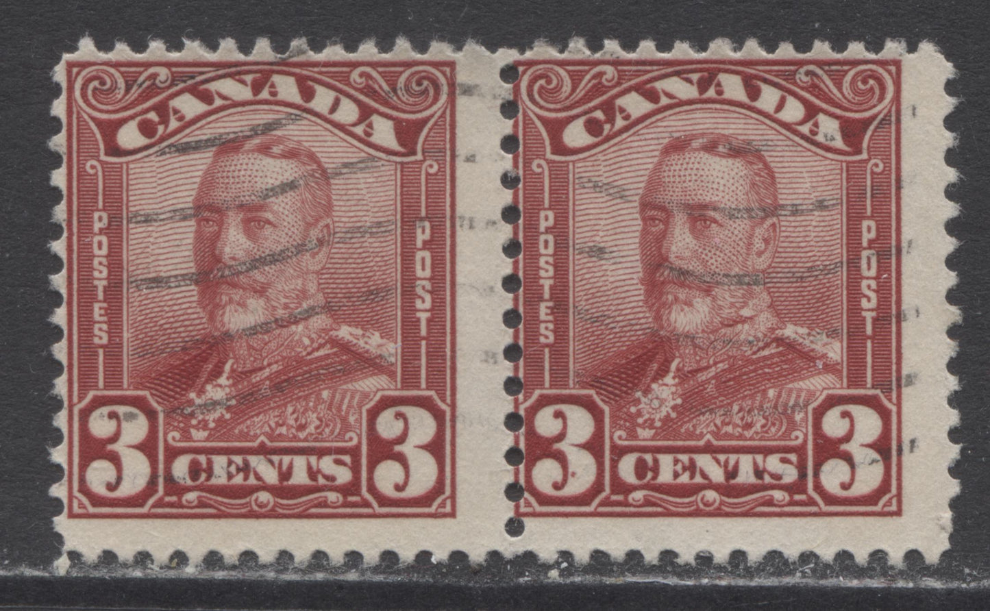 Lot 111 Canada #151var 3c Dark Carmine King George V, 1928-1929 Scroll Issue, A VG Used Pair With Dot In Left 3 Of Right Stamp, Pl 1 Pos 84